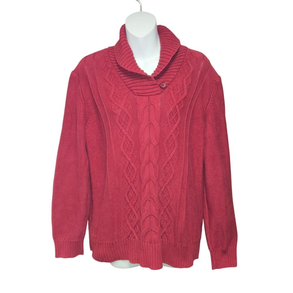 Womens Large Red Shawl Collar Cable Knit Sweater Pullover Cozy Knitwear‎ Preppy